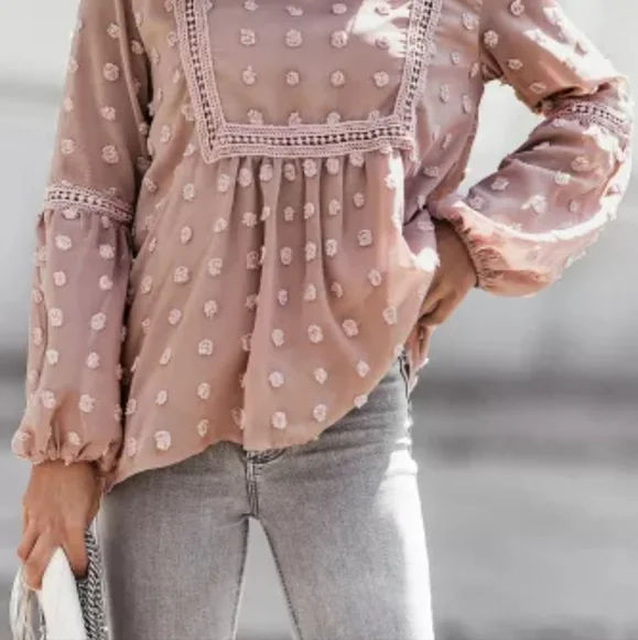 β€οΈπHPπNew Ruffled Swiss Dot Split Neck Ruffle Babydoll Blouse - Picture 5 of 16